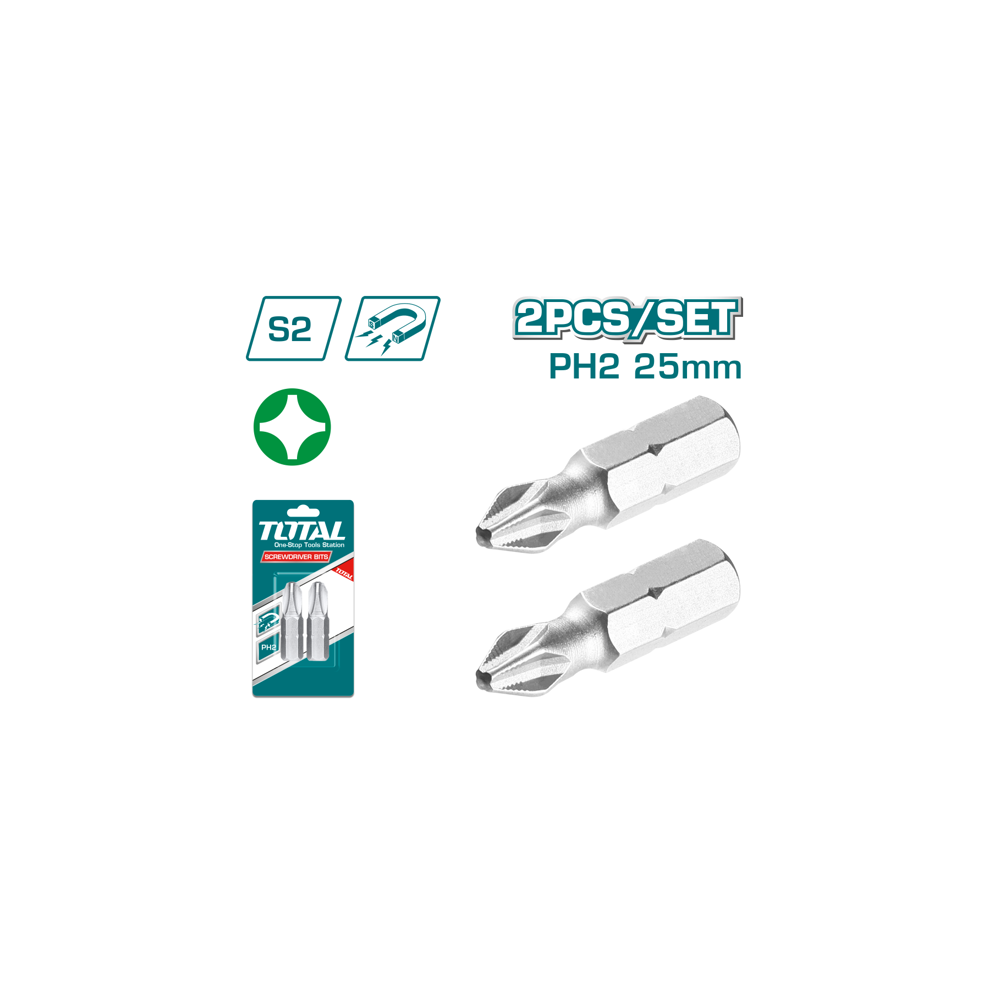 Бит накрайник TOTAL Industrial, PH2 x 25 mm, 2 броя Бит накрайник TOTAL Industrial, PH2 x 25 mm, 2 броя