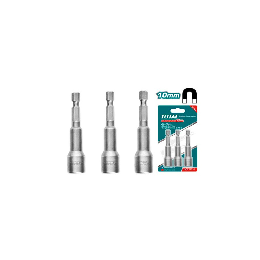 Комплект магнитни вложки TOTAL, 1/4", SW 10 x 65 мм, 3 части Комплект магнитни вложки TOTAL, 1/4", SW 10 x 65 мм, 3 части