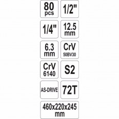Кутия с инструменти YATO, 3 отделения, 80 части