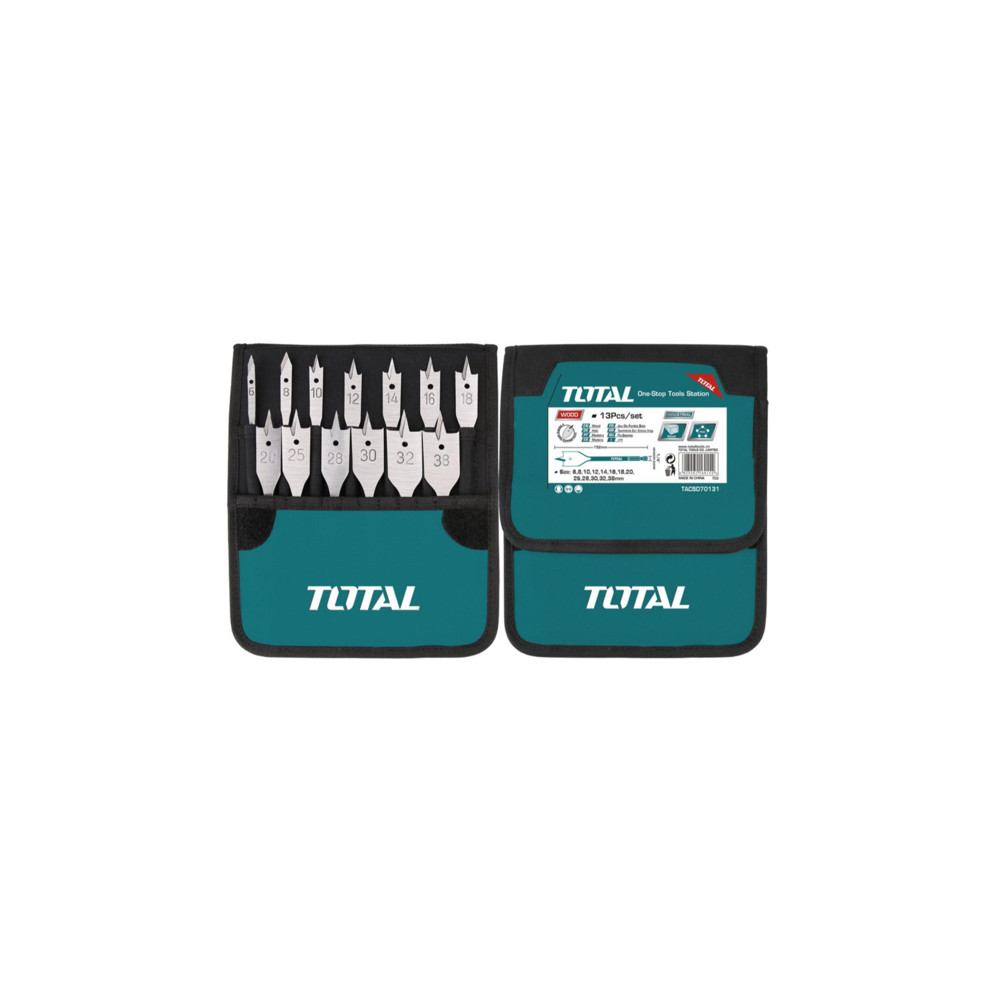 Комплект плоски свредла за дърво TOTAL Industrial, 13 броя, 1/4", Ø 6 - 38 mm Комплект плоски свредла за дърво TOTAL Industrial, 13 броя, 1/4", Ø 6 - 38 mm