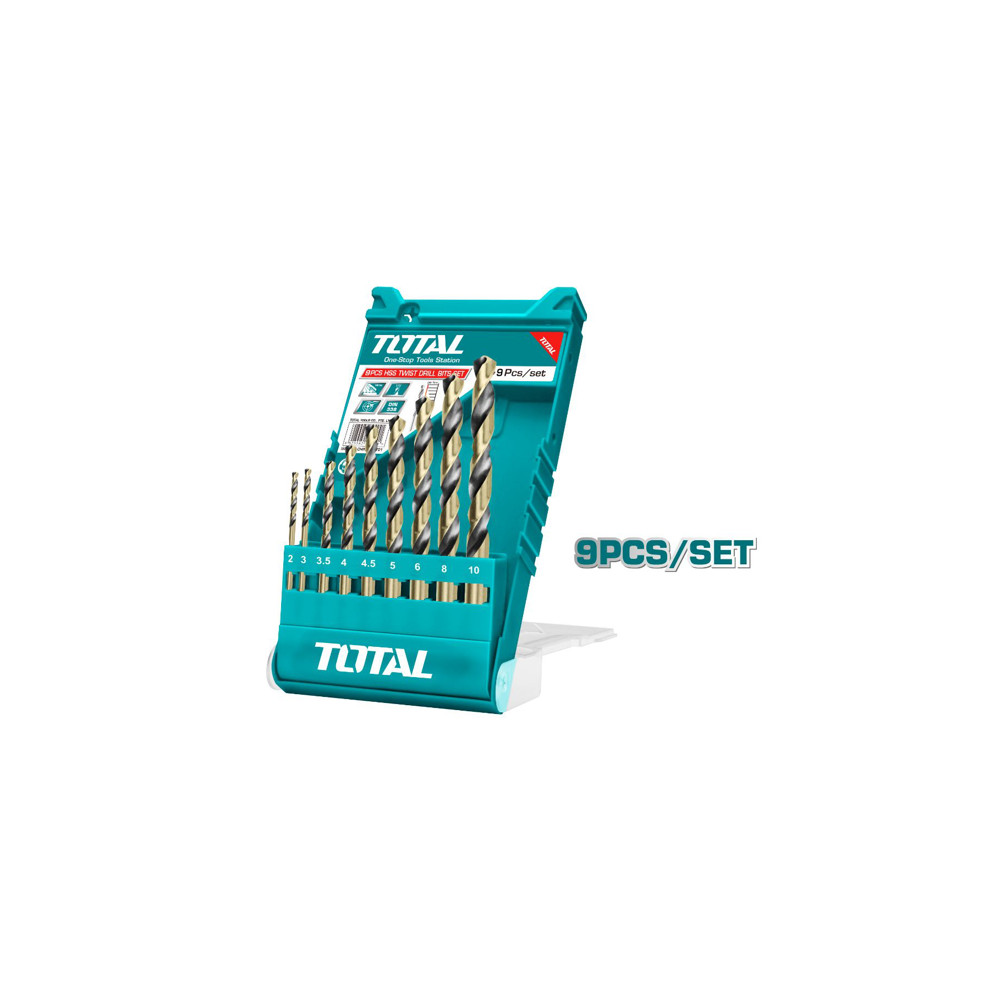 Комплект свредла TOTAL, цилиндричен захват, HSS, PVC кутия, 9 броя, Ф 2 - Ф 10 Комплект свредла TOTAL, цилиндричен захват, HSS, PVC кутия, 9 броя, Ф 2 - Ф 10