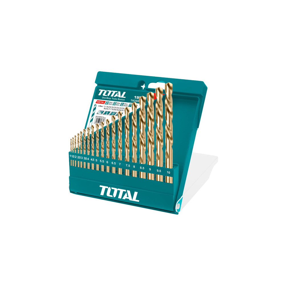Комплект свредла TOTAL, цилиндричен захват, HSS, PVC кутия, 19 броя, Ф 1 - Ф 10 Комплект свредла TOTAL, цилиндричен захват, HSS, PVC кутия, 19 броя, Ф 1 - Ф 10