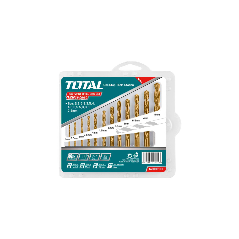 Комплект свредла TOTAL, цилиндричен захват, HSS, 12 броя, Ф 2.2 - Ф 8 Комплект свредла TOTAL, цилиндричен захват, HSS, 12 броя, Ф 2.2 - Ф 8