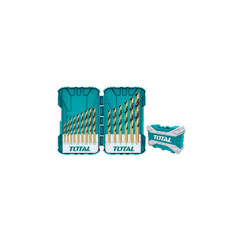 Комплект свредла TOTAL, цилиндричен захват, HSS, PVC кутия, 15 броя, Ø 1 - Ø 12 Комплект свредла TOTAL, цилиндричен захват, HSS, PVC кутия, 15 броя, Ø 1 - Ø 12