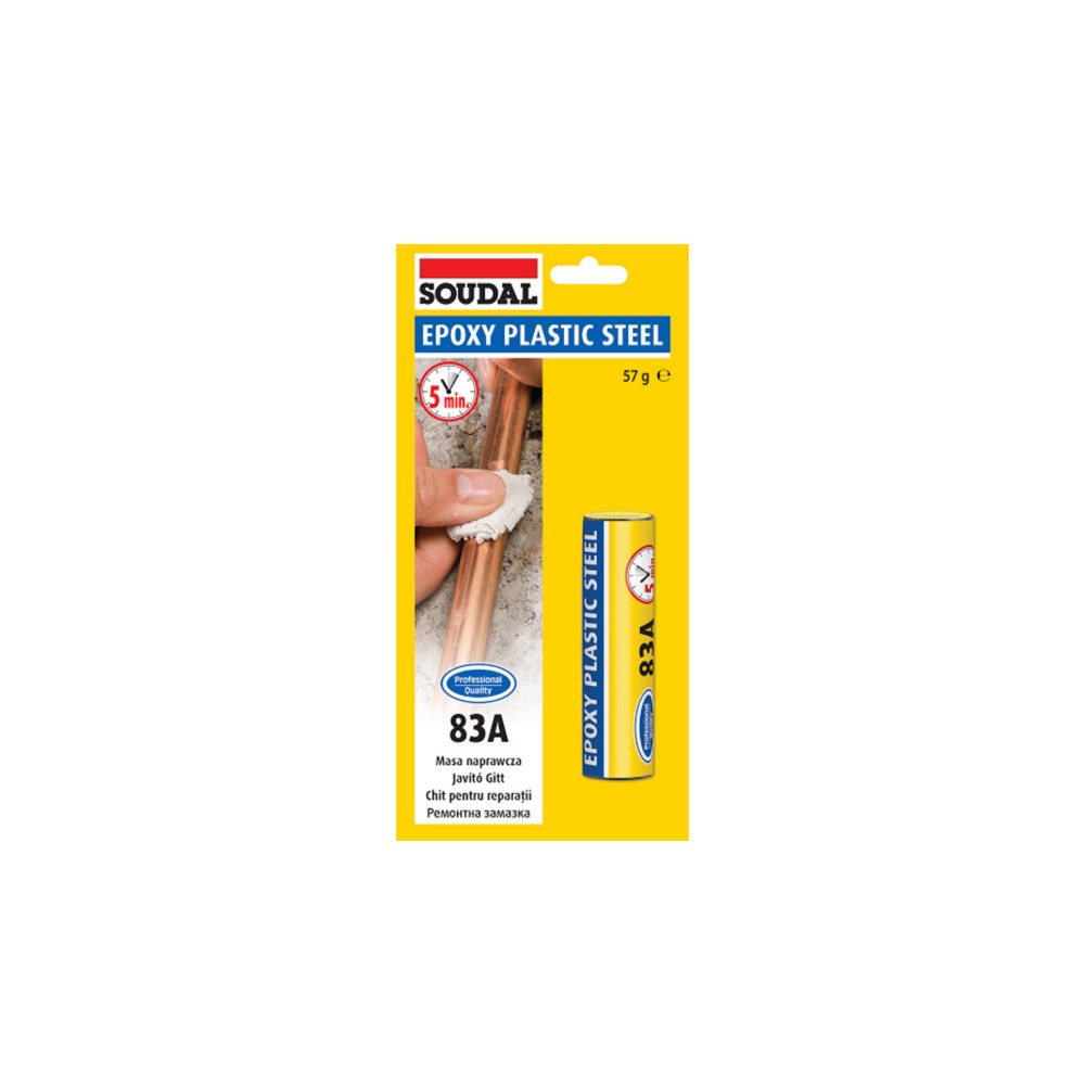 Епоксидно лепило SOUDAL Epoxy Plastic Steel 83A, пластелин, 57 гр Епоксидно лепило SOUDAL Epoxy Plastic Steel 83A, пластелин, 57 гр