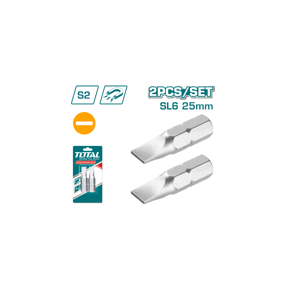 Бит накрайник TOTAL Industrial, SL6 x 25 mm, 2 броя Бит накрайник TOTAL Industrial, SL6 x 25 mm, 2 броя