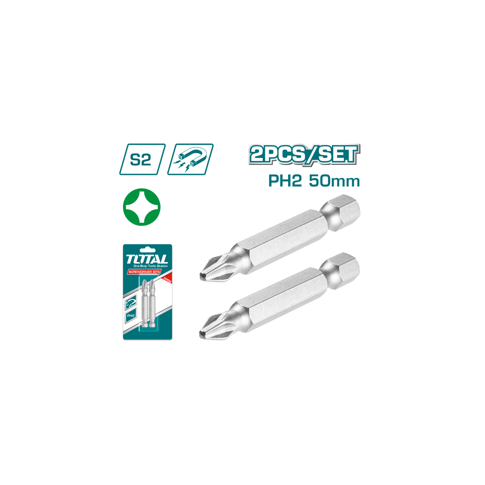 Бит накрайник TOTAL Industrial, PH2 x 50 mm, 2 броя Бит накрайник TOTAL Industrial, PH2 x 50 mm, 2 броя