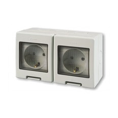 Контакт шуко ДВОЕН 16А с детска защита моноблок IP55 Unibox, цвят СИВ Scame