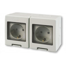 Контакт шуко ДВОЕН 16А с детска защита моноблок IP55 Unibox, цвят СИВ Scame