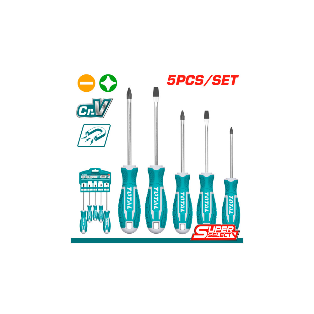 Комплект отвертки TOTAL, CrV, SL, PH, 5 части Комплект отвертки TOTAL, CrV, SL, PH, 5 части