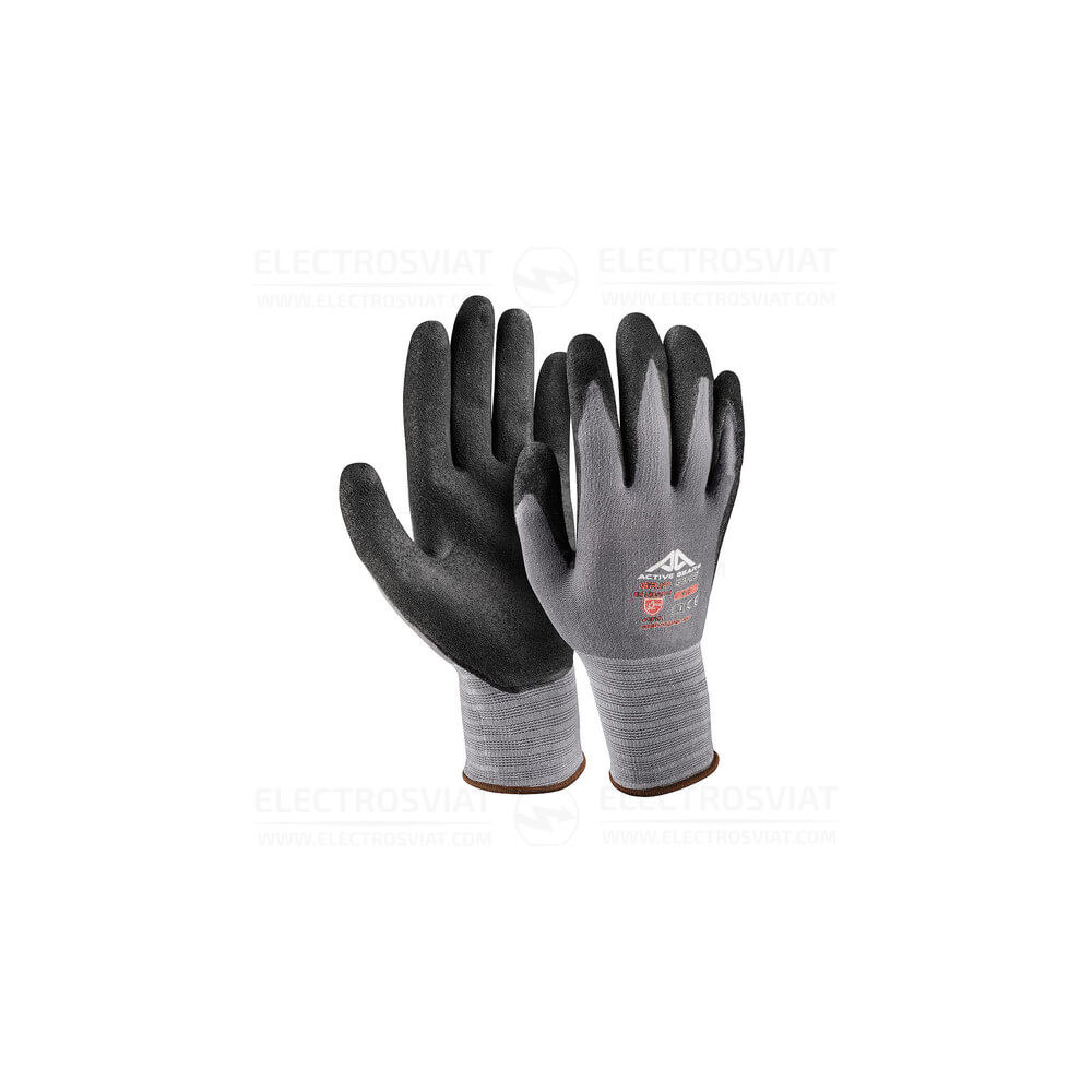 РАБОТНИ РЪКАВИЦИ ACTIVE GRIP,15G - НАЙЛОН/СПАНДЕКС - ГЛАДЪК ЧЕРЕН НИТРИЛ (1) + ПЯСЪЧЕН ЧЕРЕН НИТРИЛ (2)-10/XL