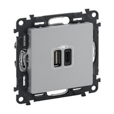 Розетка 2хUSB за зареждане тип A+C 3A 15W цвят Aлуминий Valena Life Legrand