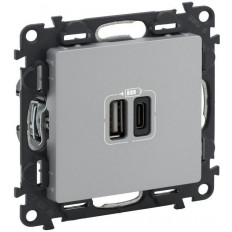 Розетка 2хUSB за зареждане тип A+C 3A 15W цвят Aлуминий Valena Life Legrand