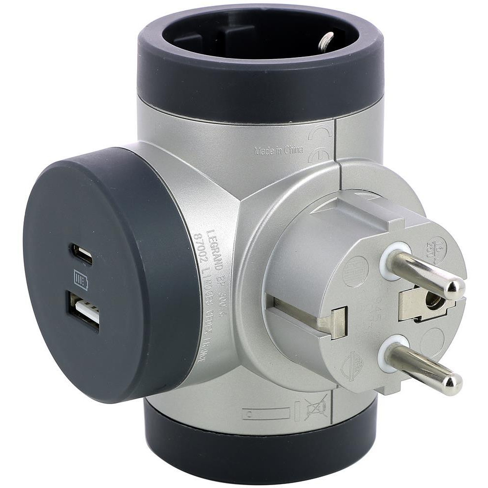 АДАПТЕР ЗА КОНТАКТ, 2Х ШУКО, Т-ОБРАЗЕН, ВЪРТЯЩ С USB A+C 3A, 5V, 15W, АЛУМИНИЙ