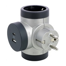 АДАПТЕР ЗА КОНТАКТ, 2Х ШУКО, Т-ОБРАЗЕН, ВЪРТЯЩ С USB A+C 3A, 5V, 15W, АЛУМИНИЙ