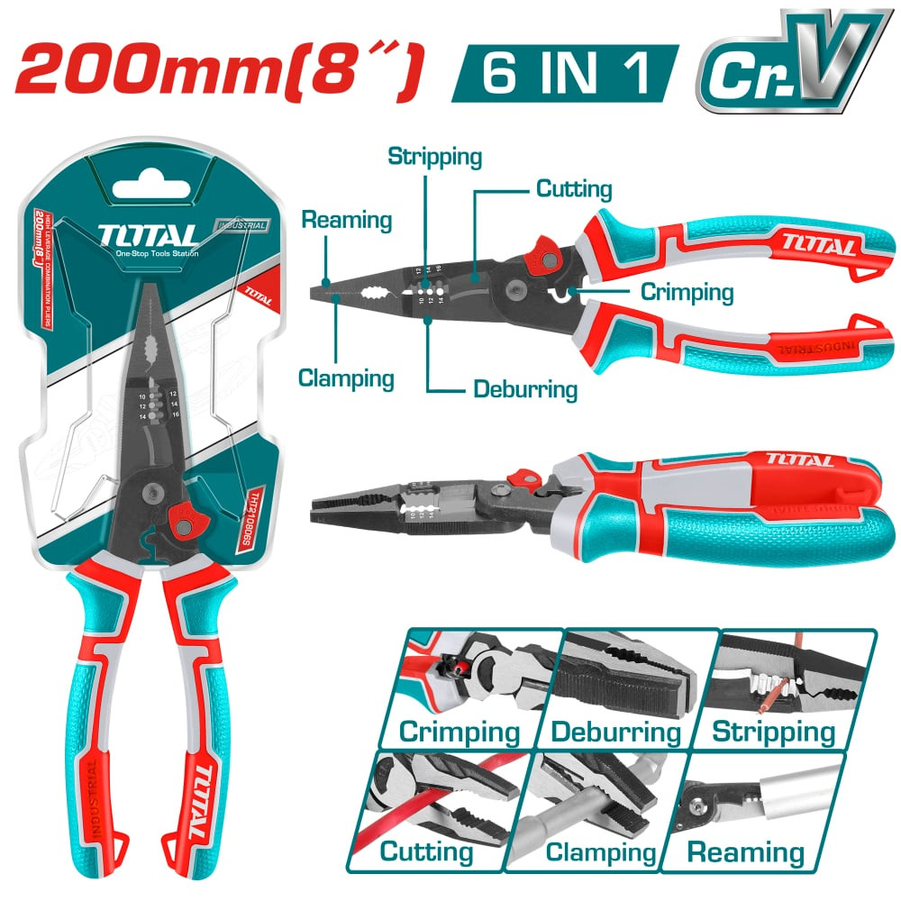 Мултифункционални клещи тип "човки" удължени 6 в 1, TOTAL INDUSTRIAL, 200 мм Мултифункционални клещи тип "човки" удължени 6 в 1, TOTAL INDUSTRIAL, 200 мм