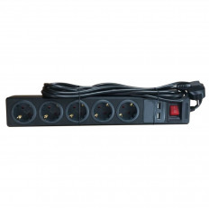 Разклонител с ключ, 5 гнезда + 2xUSB, 3x1.5mm, 3 m, черен