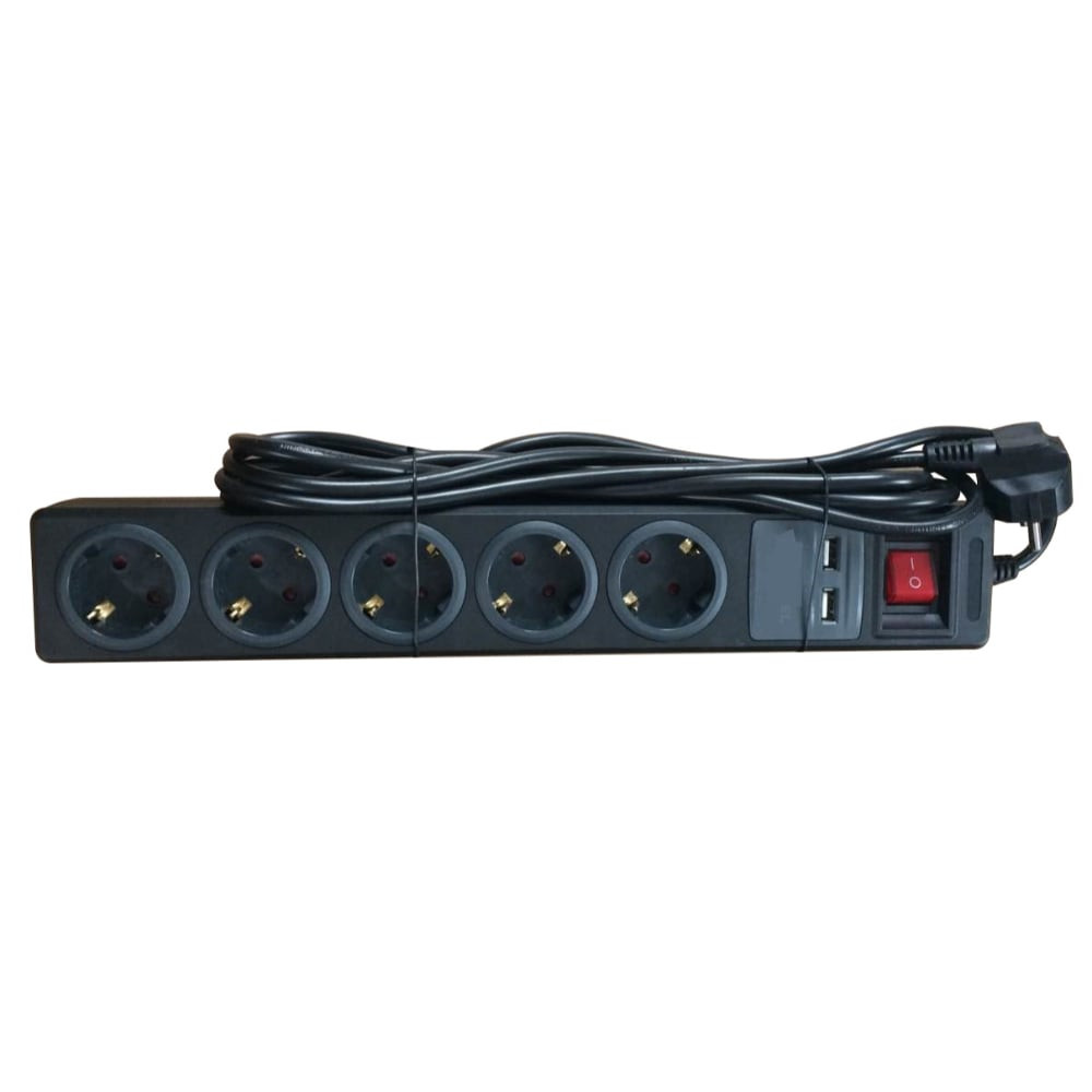 Разклонител с ключ, 5 гнезда + 2xUSB, 3x1.5mm, 3 m, черен Разклонител с ключ, 5 гнезда + 2xUSB, 3x1.5mm, 3 m, черен