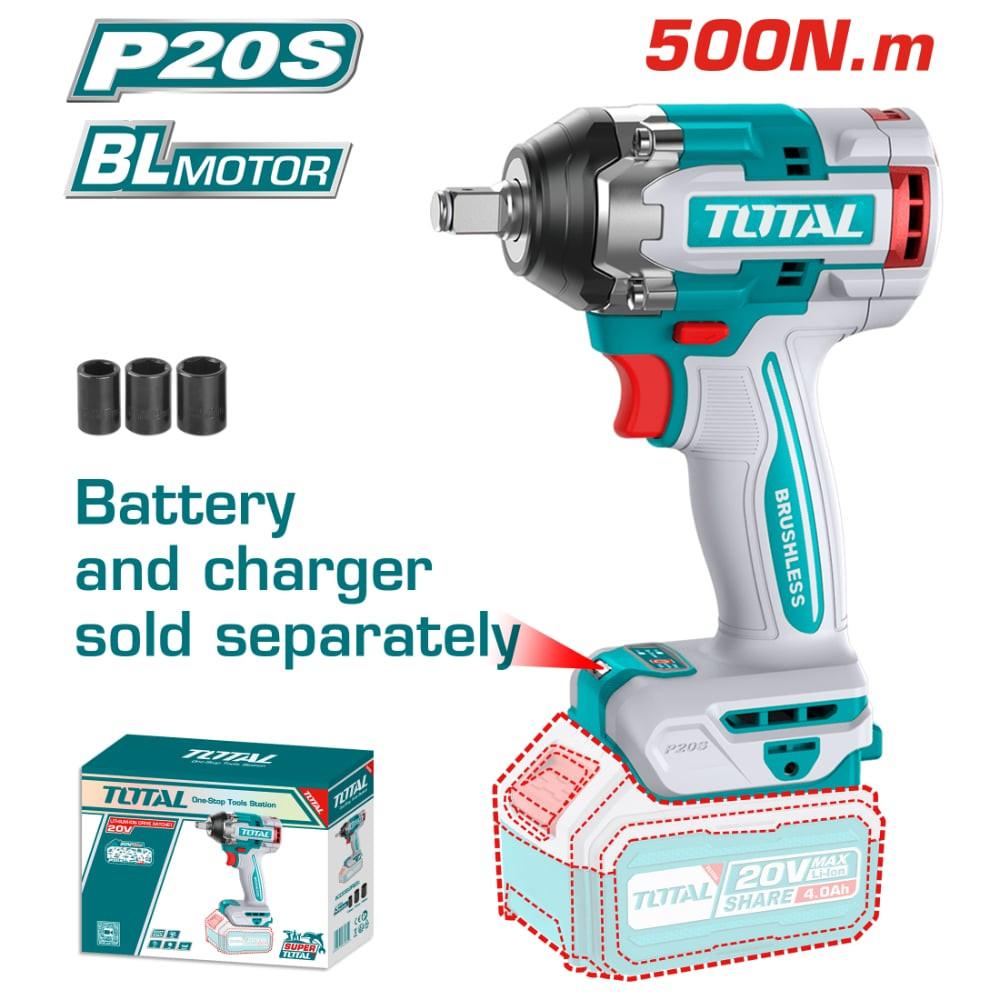 Акумулаторен ударен безчетков гайковерт TOTAL INDUSTRIAL, 1/2", 20 V, 500 Nm, без батерия Акумулаторен ударен безчетков гайковерт TOTAL INDUSTRIAL, 1/2", 20 V, 500 Nm, без батерия