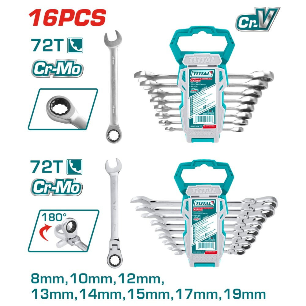 Комплект ключове TOTAL INDUSTRIAL, CrV, 8 - 19 мм, 16 части Комплект ключове TOTAL INDUSTRIAL, CrV, 8 - 19 мм, 16 части
