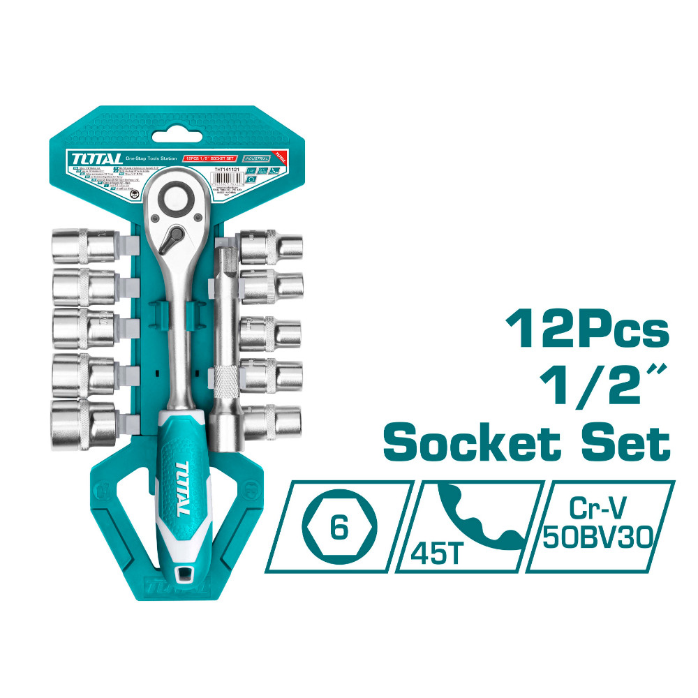 Комплект тресчотка и вложки TOTAL Industrial, CrV, 45Т, 1/2", SW 10 - 24 мм, 12 части Комплект тресчотка и вложки TOTAL Industrial, CrV, 45Т, 1/2", SW 10 - 24 мм, 12 части