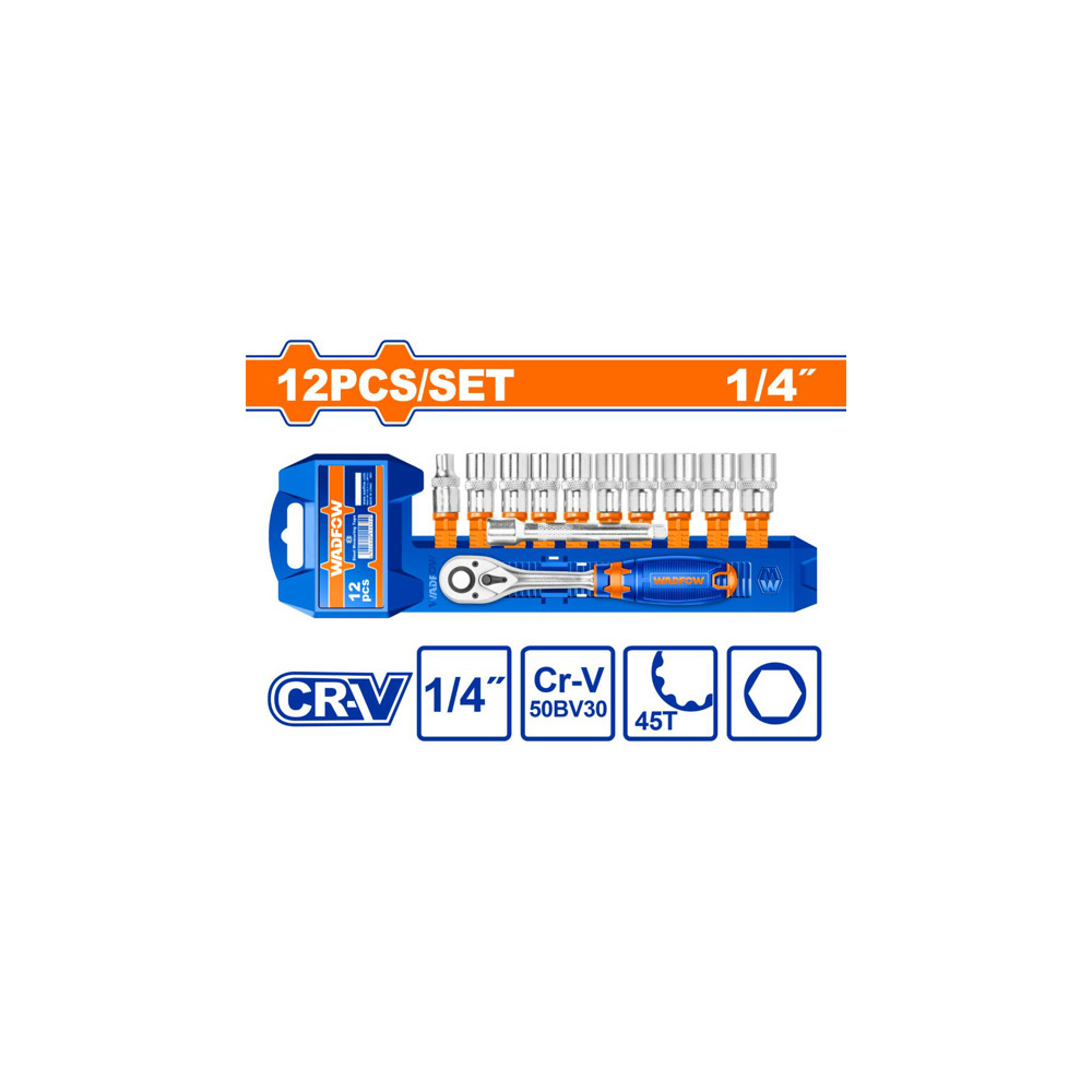 Комплект тресчотка и вложки WADFOW, 45T, 1/4", SW 5 - 14 мм, 12 части Комплект тресчотка и вложки WADFOW, 45T, 1/4", SW 5 - 14 мм, 12 части