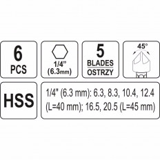 Комплект зенкери YATO, HSS, HEX 1/4", 6 части