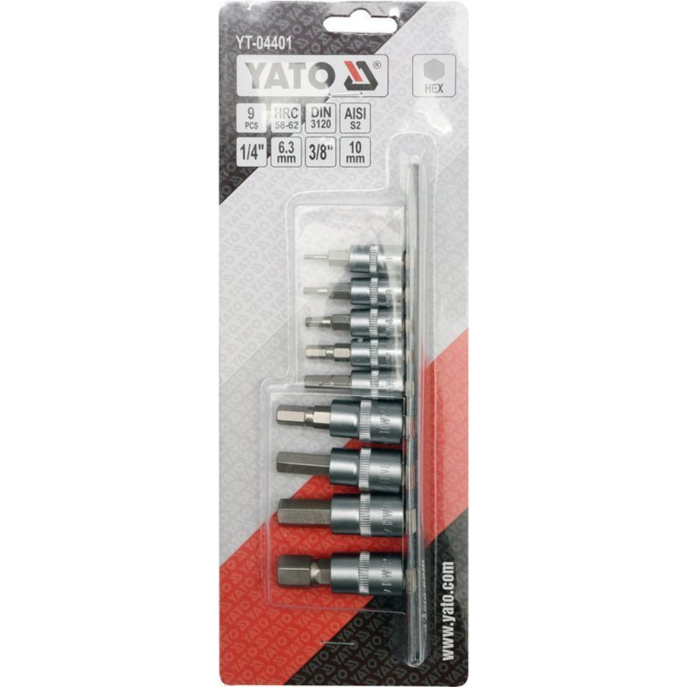Комплект бит вложки 1/4 " + 3/8", HEX, YATO, 9 части Комплект бит вложки 1/4 " + 3/8", HEX, YATO, 9 части