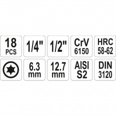 Комплект бит вложки 1/2 " + 1/4", TORX, YATO, 18 части