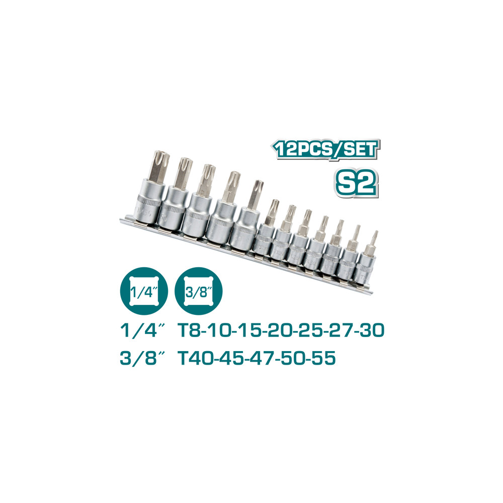 Комплект бит вложки TOTAL INDUSTRIAL, 1/4" + 3/8", TORX, 12 части Комплект бит вложки TOTAL INDUSTRIAL, 1/4" + 3/8", TORX, 12 части