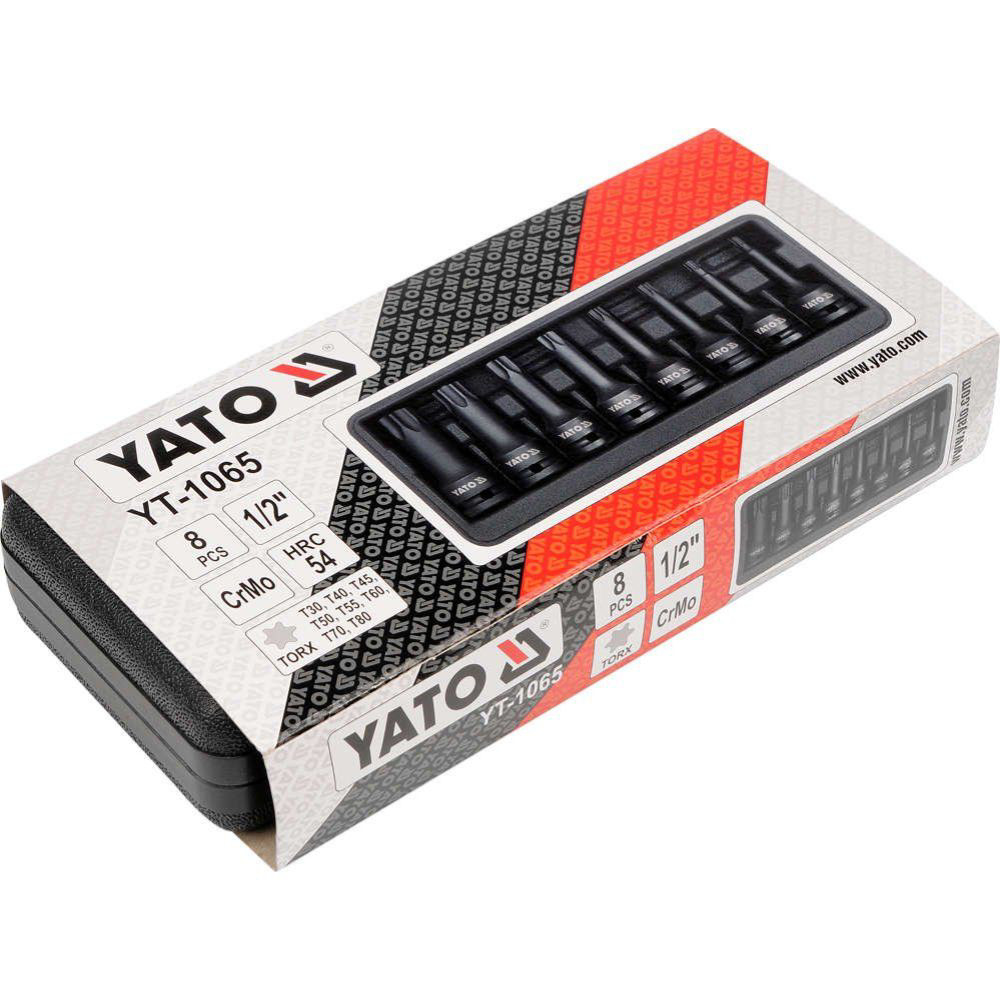 Комплект ударни вложки YATO, Torx, 1/2", Tx30-Tx80, 8 части Комплект ударни вложки YATO, Torx, 1/2", Tx30-Tx80, 8 части