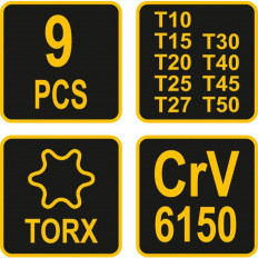 Комплект Т-образни отвертки VOREL, TORX, Tx10 - Tx50, 9 части