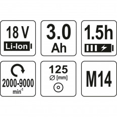 Акумулаторен ъглошлайф YATO YT 82829, безчетков, 18 V, 1 x 3 Ah, Ф 125, 9000 RMP