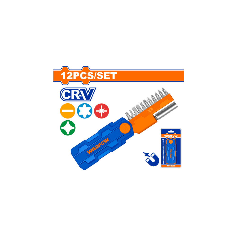 Комплект битове с бит държач WADFOW, 1/4", CrV, 12 части