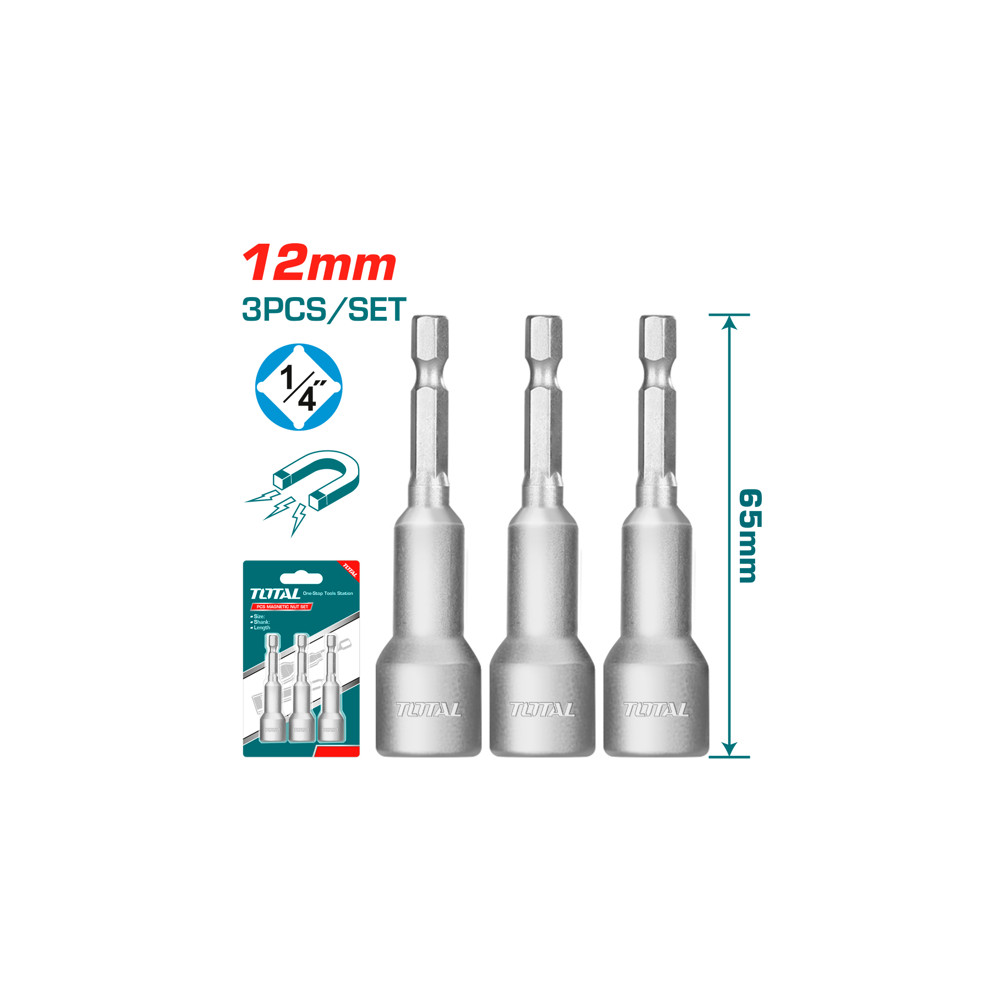 Комплект магнитни вложки TOTAL, 1/4", SW 12 x 65 mm, 3 части Комплект магнитни вложки TOTAL, 1/4", SW 12 x 65 mm, 3 части