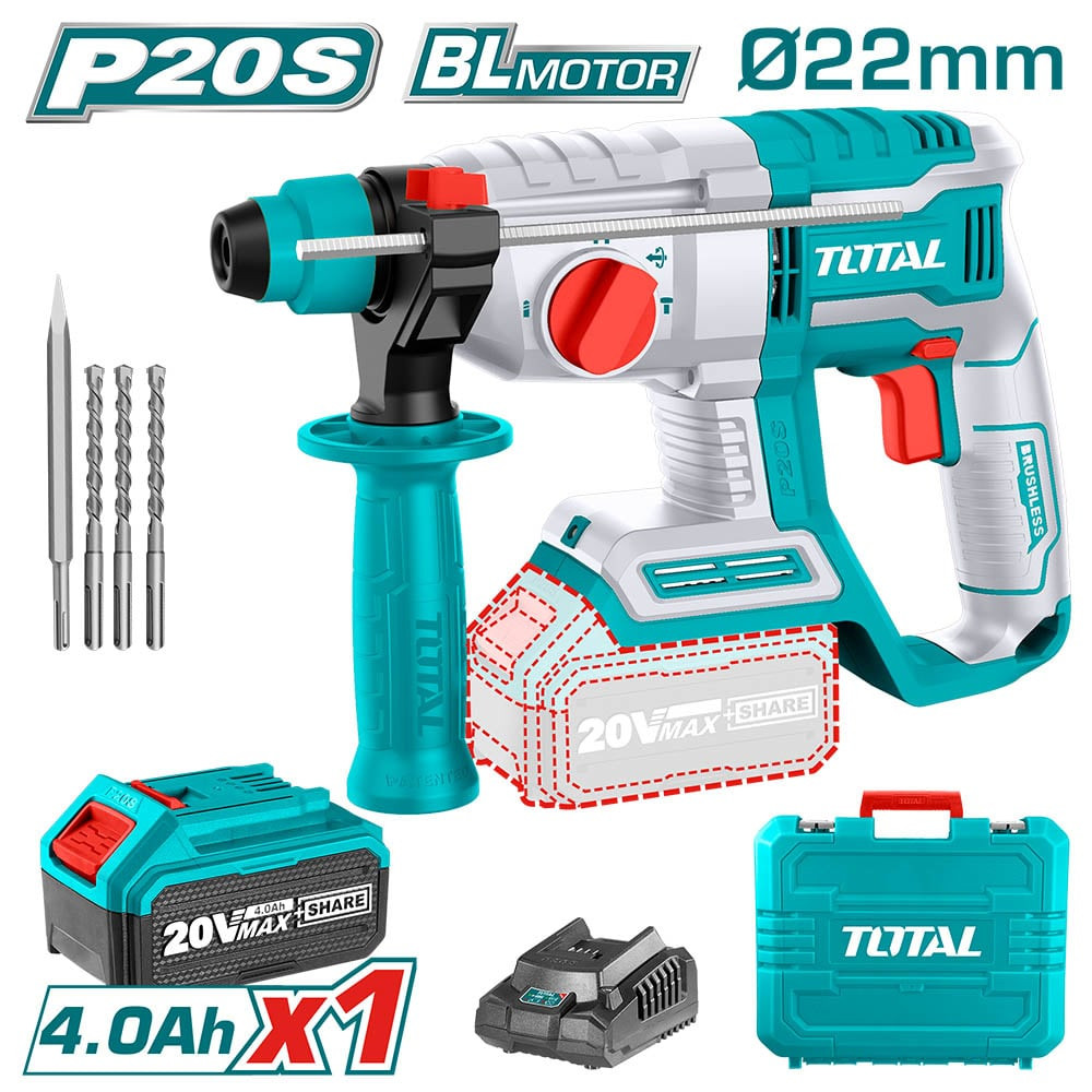 Акумулаторен безчетков перфоратор TOTAL INDUSTRIAL, SDS+, 20 V, 4 Ah, куфар Акумулаторен безчетков перфоратор TOTAL INDUSTRIAL, SDS+, 20 V, 4 Ah, куфар