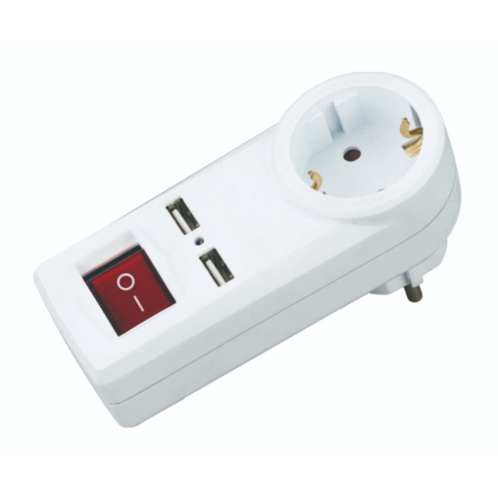 Адаптор с 1 гнездо и 2 USB, 250 V, 16 A, IP20 Адаптор с 1 гнездо и 2 USB, 250 V, 16 A, IP20