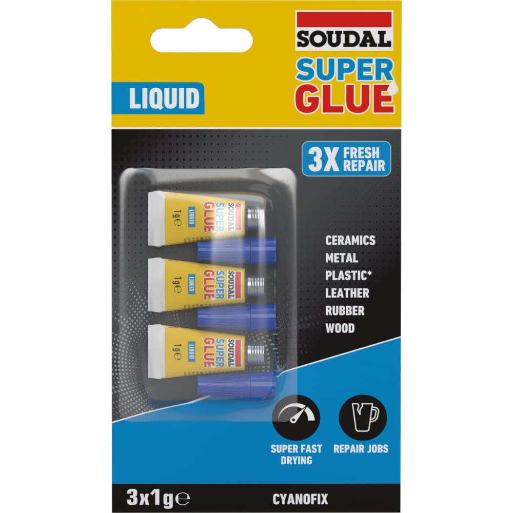 Универсално секундно лепило SOUDAL, Super Glue, 3x1 гр Универсално секундно лепило SOUDAL, Super Glue, 3x1 гр