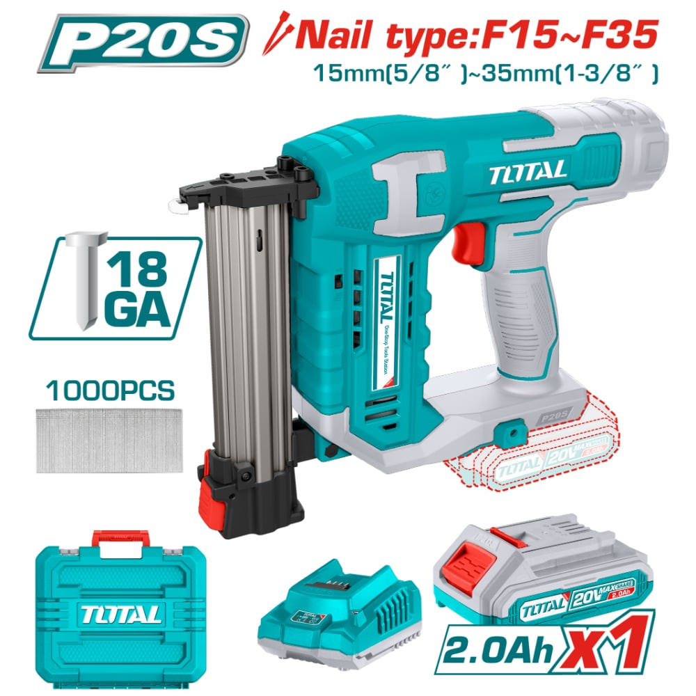 Акумулаторен такер за пирони TOTAL Industrial, 20 V, 1 x 2.0 Ah, F15 - F35 Акумулаторен такер за пирони TOTAL Industrial, 20 V, 1 x 2.0 Ah, F15 - F35