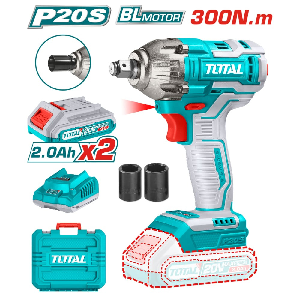 Акумулаторен ударен безчетков гайковерт TOTAL, 1/2", 20 V, 2 х 2 Ah Акумулаторен ударен безчетков гайковерт TOTAL, 1/2", 20 V, 2 х 2 Ah