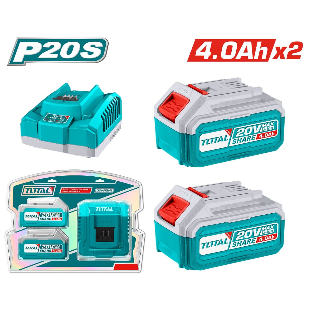 Комплект акумулаторни батерии и зарядно TOTAL Industrial, Li-Ion, 20 V, 4.0 Ah, 3 части Комплект акумулаторни батерии и зарядно TOTAL Industrial, Li-Ion, 20 V, 4.0 Ah, 3 части