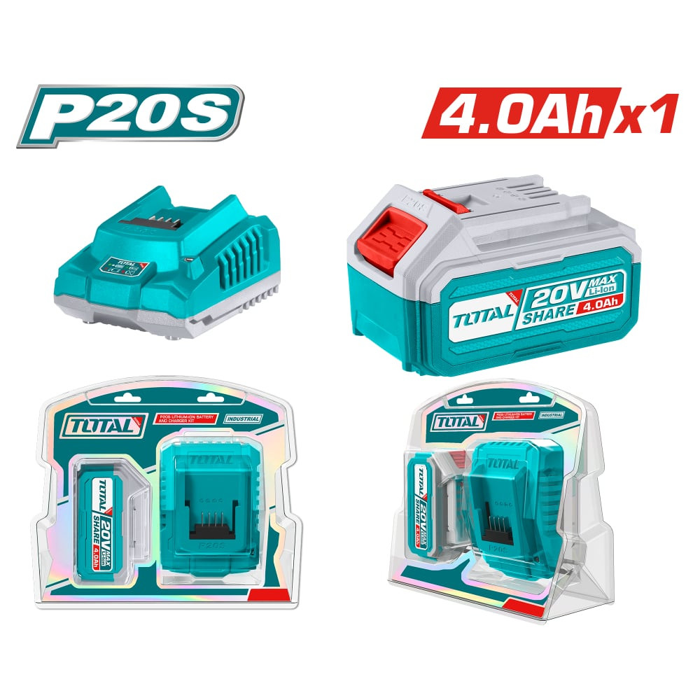 Комплект акумулаторни батерия и зарядно TOTAL Industrial, Li-Ion, 20 V, 4.0 Ah, 2 части Комплект акумулаторни батерия и зарядно TOTAL Industrial, Li-Ion, 20 V, 4.0 Ah, 2 части