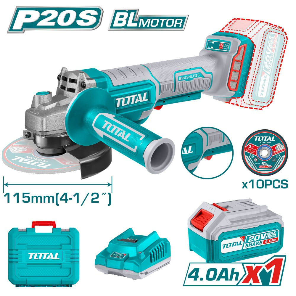 Акумулаторен безчетков ъглошлайф TOTAL TAGLI2111561, 20 V, Ф 115 мм, 1 x 4 Ah Акумулаторен безчетков ъглошлайф TOTAL TAGLI2111561, 20 V, Ф 115 мм, 1 x 4 Ah