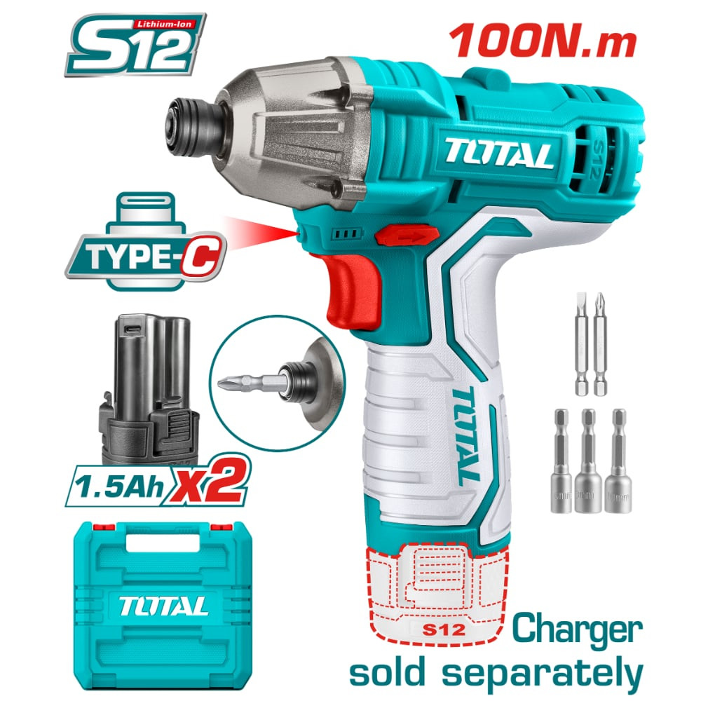 Акумулаторен ударен винтоверт TOTAL, 12 V, USB-C, 100 Nm, 2 x 1.5 Ah Акумулаторен ударен винтоверт TOTAL, 12 V, USB-C, 100 Nm, 2 x 1.5 Ah