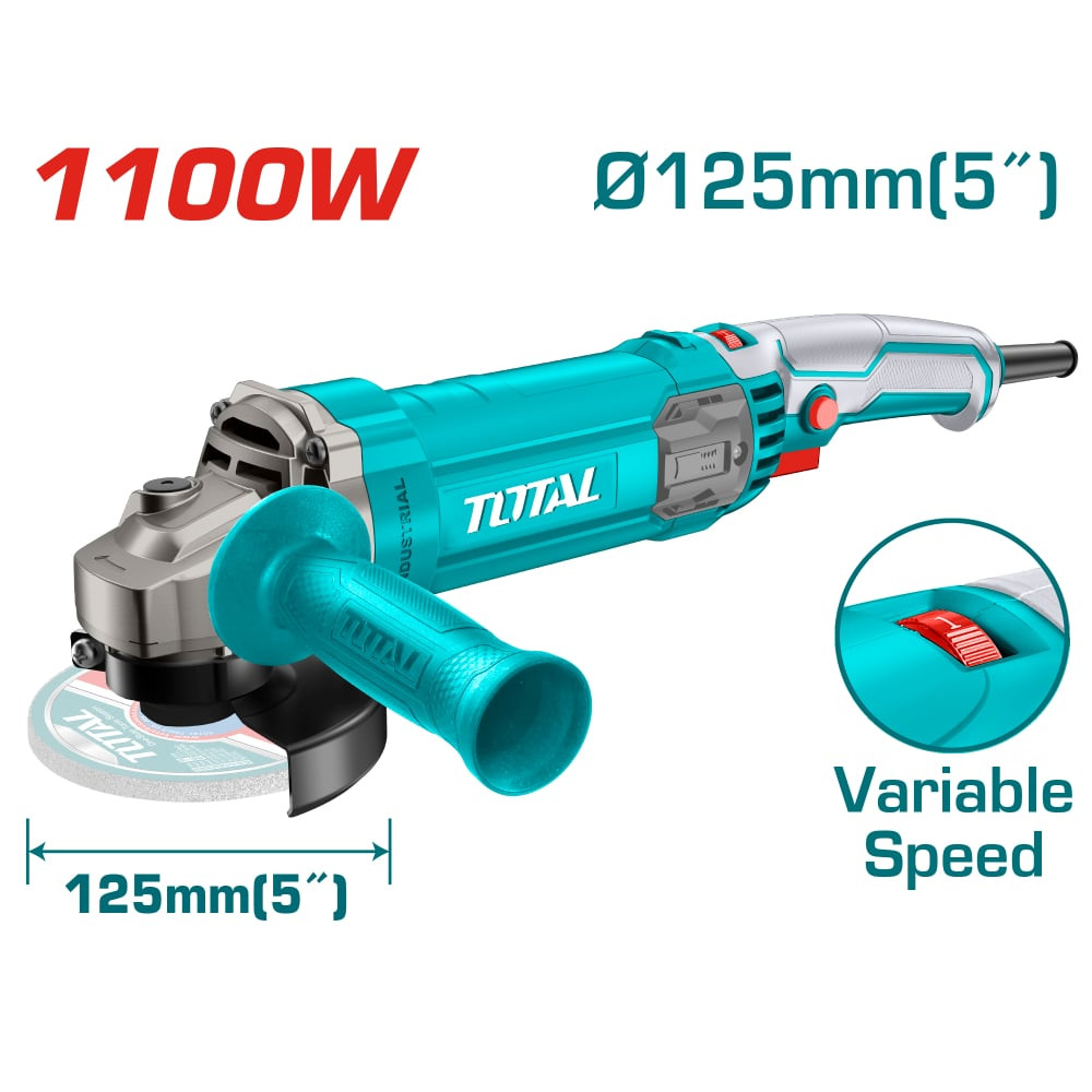 Ъглошлайф TOTAL Industrial, 1100 W, 5000 - 12000 об/мин, Ф 125 мм Ъглошлайф TOTAL Industrial, 1100 W, 5000 - 12000 об/мин, Ф 125 мм