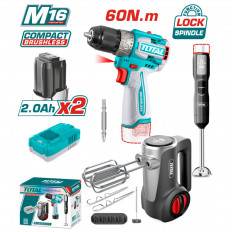 Комплект акумулаторен винтоверт TOTAL, 16 V, 2 x 2 Ah + акумулаторен пасатор и миксер