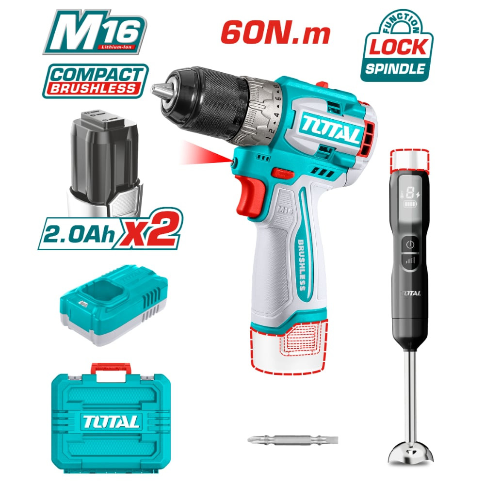 Комплект акумулаторен винтоверт TOTAL INDUSTRIAL, 16 V, 2 x 2 Ah + акумулаторен пасатор