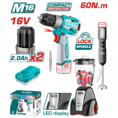 Комплект акумулаторен винтоверт TOTAL, 16 V, 2 x 2Ah + блендер + пасатор