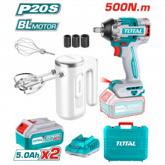 Комплект акумулаторен ударен гайковерт TOTAL, 20 V, 2 x 5 Ah + миксер