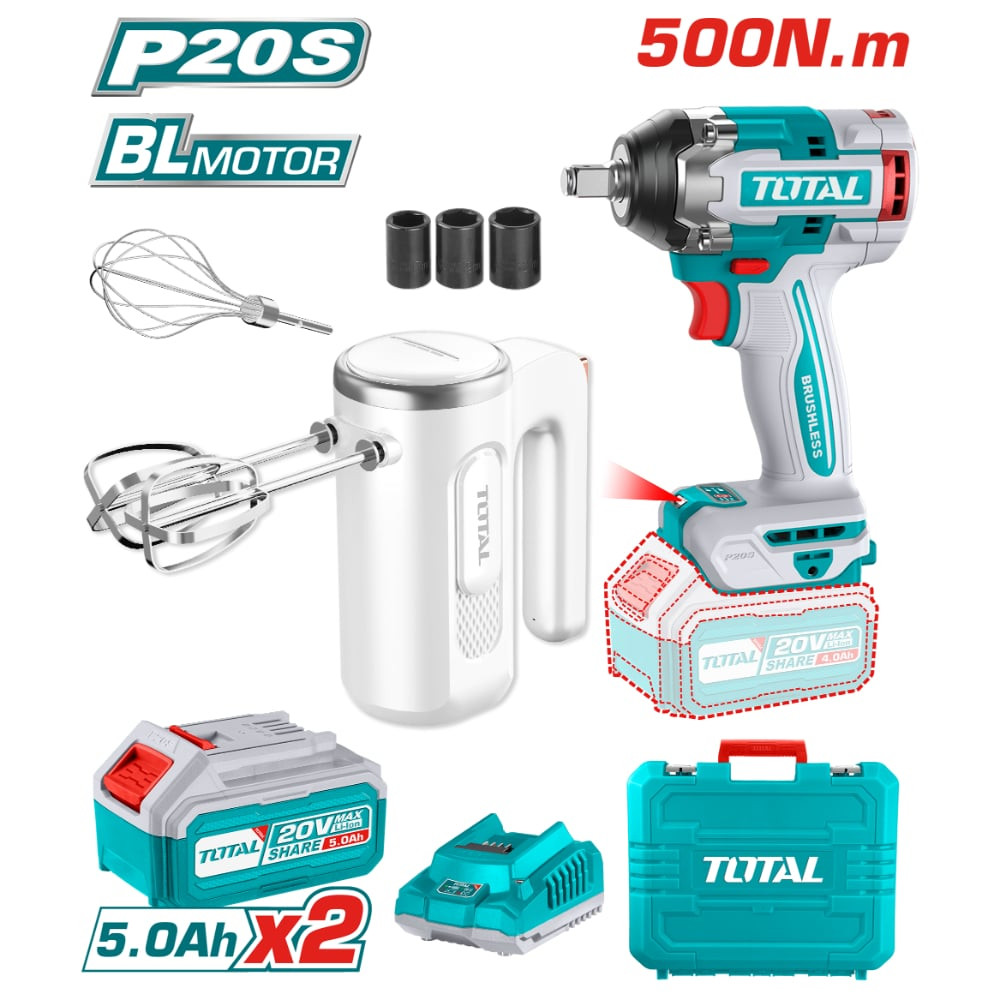 Комплект акумулаторен ударен гайковерт TOTAL, 20 V, 2 x 5 Ah + миксер Комплект акумулаторен ударен гайковерт TOTAL, 20 V, 2 x 5 Ah + миксер